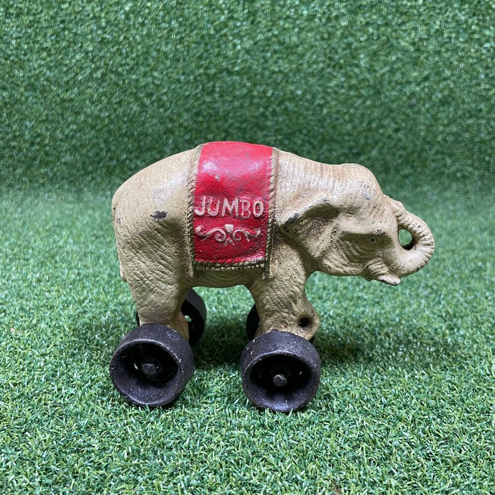 Vintage 1940s Hubley Jumbo Cast Iron Elephant Toy on Wheels Circus 4.5"